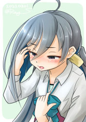 Rule 34 | 1girl, ahoge, aqua bow, aqua bowtie, bow, bowtie, commentary request, dated, grey eyes, grey hair, grey legwear, hair between eyes, hair bun, hair ribbon, halterneck, kantai collection, kiyoshimo (kancolle), long hair, low twintails, one-hour drawing challenge, pulling, ray.s, ribbon, school uniform, shirt, simple background, single hair bun, solo, tongue, tongue out, twintails, twitter username, upper body, white background, white shirt, yellow ribbon
