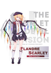 Rule 34 | 1girl, alternate costume, arm at side, bare legs, beret, black footwear, black shorts, blonde hair, boots, character name, choker, flandre scarlet, full body, hand up, hat, heart, highres, looking at viewer, nian (zhanian), plaid, pointing, pointing at self, red eyes, short shorts, shorts, side ponytail, simple background, smile, socks, solo, standing, tongue, tongue out, touhou, white background, white socks, wings, wristband