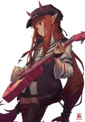 Rule 34 | 1girl, arknights, asymmetrical legwear, black headwear, black skirt, black thighhighs, black vest, braid, closed mouth, guitar, highres, horns, horns through headwear, instrument, jewelry, long hair, long sleeves, low-tied long hair, low twintails, miniskirt, mismatched legwear, music, nail polish, open clothes, open vest, pink thighhighs, playing instrument, red eyes, red hair, red nails, ring, shirt, side braid, sidelocks, skirt, smile, solo, thighhighs, twintails, very long hair, vest, vigna (arknights), white shirt, zettai ryouiki