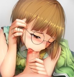 Rule 34 | 10s, 1boy, 1girl, blush, brown eyes, brown hair, censored, commentary, erica brown, fellatio, freckles, ginhaha, glasses, grey background, tucking hair, mosaic censoring, one eye closed, oral, penis, pov, simple background, solo focus, violet evergarden, violet evergarden (series)