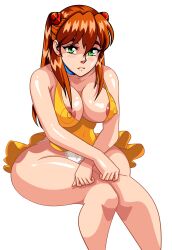 Rule 34 | 1girl, absurdres, alcione makoto, alternate breast size, alternate eye color, bare legs, breasts, cleavage, covered navel, dress, expressionless, green eyes, highres, invisible chair, large breasts, legs, lips, looking at viewer, navel, neon genesis evangelion, nipple slip, nipples, orange hair, panties, shiny skin, sitting, solo, souryuu asuka langley, sundress, thick thighs, thighs, thong, twintails, underwear, white panties, wide hips, yellow dress