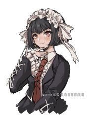 Rule 34 | 1girl, alternate hair length, alternate hairstyle, artist name, black hair, black jacket, celestia ludenberg, closed mouth, criis-chan, cropped legs, danganronpa: trigger happy havoc, danganronpa (series), earrings, hand up, headdress, jacket, jewelry, long sleeves, looking at viewer, necktie, red eyes, red necktie, short hair, simple background, smile, solo, white background