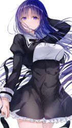 Rule 34 | 1girl, arm at side, arm up, assault lily, black ribbon, black skirt, breasts, buttons, closed mouth, commentary request, cowboy shot, cropped jacket, floating hair, frilled skirt, frills, hair between eyes, hand in own hair, high-waist skirt, highres, juliet sleeves, light particles, long hair, long sleeves, looking at viewer, medium breasts, meen (ouaughikepdvrsf), miniskirt, neck ribbon, puffy sleeves, purple eyes, purple hair, ribbon, school uniform, shirai yuyu, shirt, simple background, skirt, solo, standing, very long hair, white background, white shirt, yurigaoka girls academy school uniform