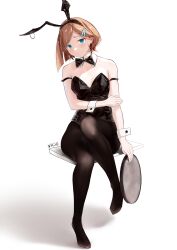 Rule 34 | 1girl, absurdres, animal ears, arm strap, arm under breasts, black bow, black bowtie, black leotard, black pantyhose, blue eyes, blush, bow, bowtie, breasts, brown hair, chenmovicio, chinese commentary, commentary request, detached collar, ear piercing, earrings, fake animal ears, full body, hair ornament, hairclip, highres, holding, holding tray, jewelry, knee up, legs, leotard, looking at viewer, no shoes, original, pantyhose, piercing, playboy bunny, rabbit ears, short hair, single earring, sitting, small breasts, solo, strapless, strapless leotard, suggestive fluid, tray, wet, white background, wrist cuffs