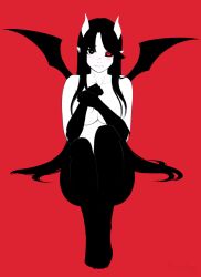 Rule 34 | 1girl, black sclera, blush, breasts, closed mouth, colored sclera, covering privates, covering breasts, demon girl, demon wings, fur, heterochromia, horns, large breasts, long hair, looking at viewer, mismatched sclera, monochrome, monster girl, nude, original, own hands together, pointy ears, razalor, red background, red eyes, red theme, simple background, solo, very long hair, wings