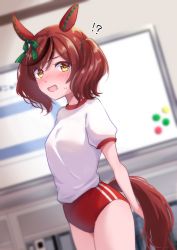 Rule 34 | :d, absurdres, animal ears, blurry, blurry background, blush, buruma, chizoku sawa, gym shirt, gym uniform, highres, horse ears, horse girl, horse tail, looking at viewer, medium hair, nice nature (umamusume), open mouth, red buruma, red hair, red tail, shirt, short sleeves, short twintails, smile, standing, tail, thighs, twintails, umamusume, yellow eyes