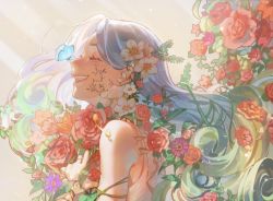 Rule 34 | 1girl, ^ ^, blue butterfly, blue hair, bouquet, bug, butterfly, closed eyes, dress, ema3, flower, from side, glowing, gradient hair, green hair, hair flower, hair ornament, highres, holding, holding bouquet, insect, long hair, multicolored hair, orange flower, original, pink flower, purple flower, red flower, smile, solo, white dress, white flower