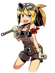 Rule 34 | 1girl, :d, atlus, bandeau, bernd workshop, blonde hair, blue eyes, cowboy shot, cropped legs, etrian odyssey, gloves, goggles, goggles on head, himukai yuuji, mallet, official art, open mouth, over shoulder, overalls, ponytail, sekaiju no meikyuu, sekaiju no meikyuu 4, simple background, smile, solo, strapless, tube top, white background