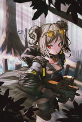 Rule 34 | 1girl, ammunition, buckle, bullet, bullpup, eyewear on head, fingerless gloves, fn 5.7x28mm, forest, girls&#039; frontline, gloves, gun, highres, hironii (hirofactory), holding, holding gun, holding weapon, horizontal magazine, jacket, nature, orange eyes, outdoors, p90, p90 (girls&#039; frontline), pdw cartridge, personal defense weapon, see-through, snap-fit buckle, solo, submachine gun, sunglasses on head, thighhighs, translucent, twintails, weapon