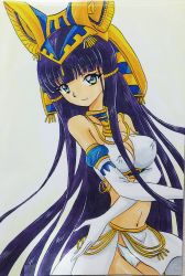 Rule 34 | 1girl, absurdres, animal ears, ashigaki radar, blue eyes, blue hair, bra, breasts, cleavage, dog ears, egyptian, egyptian clothes, egyptian necklace, gloves, headdress, highres, jewelry, large breasts, long hair, looking at viewer, moeoh ex, navel, necklace, panties, ramesses ii, side slit, skirt, smile, standing, underwear, white background, white bra, white gloves, white panties, white skirt