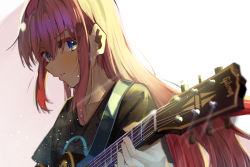 Rule 34 | 1girl, black shirt, blue eyes, bocchi the rock!, closed mouth, commentary, electric guitar, gibson les paul, gotoh hitori, guitar, hair between eyes, highres, instrument, jacket, long hair, music, nappi0110, pink hair, pink jacket, playing instrument, shirt, short sleeves, solo, sweat, track jacket, upper body
