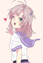 Rule 34 | 1girl, beige background, commentary request, from behind, green eyes, grey hair, hair tie, highres, kantai collection, kinugasa (kancolle), looking at viewer, looking back, one-hour drawing challenge, one eye closed, purple sailor collar, sailor collar, school uniform, serafuku, shikajima shika, short sleeves, simple background, smile, solo, upper body