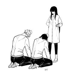 Rule 34 | 1girl, angry, awarinko, black hair, blonde hair, brother and sister, clenched hand, comic, empty eyes, full body, greyscale, head bump, highres, husband and wife, kneeling, long hair, long sleeves, monochrome, pants, shaded face, shirt, shoes, short hair, siblings, silent comic, simple background, spy x family, standing, twilight (spy x family), white background, yor briar, yuri briar