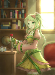Rule 34 | 1girl, asakurashinji, blush, book, breasts, cleavage, flower, green eyes, green hair, hair ornament, highres, holding, jewelry, long hair, looking at viewer, matching hair/eyes, original, parted lips, pendant, rose, side ponytail, small breasts, solo, thighhighs, vase, zettai ryouiki