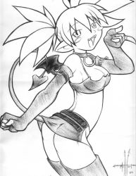 Rule 34 | 00s, 1girl, alternate breast size, artist request, ass, bat wings, blush stickers, breasts, cleavage, collar, demon girl, disgaea, elbow gloves, etna (disgaea), fangs, gloves, graphite (medium), greyscale, large breasts, makai senki disgaea, miniskirt, monochrome, pointy ears, short twintails, signature, skirt, smile, solo, tail, thighhighs, traditional media, twintails, wings