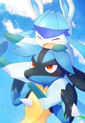 Rule 34 | alopias, arms up, artist name, blue sky, blurry, blush, bokeh, carrying, carrying over shoulder, closed mouth, cloud, creatures (company), depth of field, closed eyes, game freak, gen 4 pokemon, glaceon, falling leaves, lucario, nintendo, no humans, on shoulder, open mouth, pokemon, pokemon (creature), red eyes, sky, smile, upper body