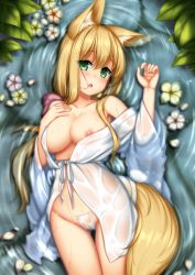 Rule 34 | 1girl, animal ears, bare shoulders, blonde hair, blush, breasts, cleavage, collarbone, commentary request, cowboy shot, eyes visible through hair, flower, fox ears, fox girl, fox tail, from above, gluteal fold, green eyes, hair between eyes, hair ribbon, highres, himeka chiyako, large breasts, leaf, long hair, looking at viewer, low ponytail, lying, maebari, minaha (playjoe2005), naked robe, nipples, no bra, no panties, off shoulder, on back, open clothes, open mouth, open robe, original, pink ribbon, ribbon, ripples, robe, see-through, solo, tail, thigh gap, water, wet, wet clothes, white robe