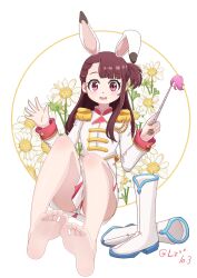 Rule 34 | 1girl, barefoot, boots, brown hair, feet, highres, kagari atsuko, light blush, little witch academia, long hair, looking at viewer, open mouth, panties, pantyshot, pink eyes, rabbit ears, shoes, soles, stocking (artist), toes, underwear, unworn boots, unworn shoes