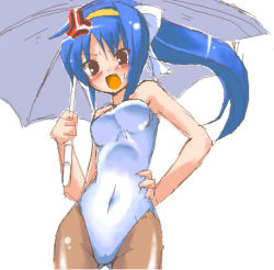 Rule 34 | anger vein, bad id, bad pixiv id, bare shoulders, blue hair, leotard, long hair, lowres, pantyhose, paopao, ponytail, race queen, solo, umbrella