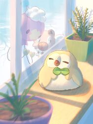 Rule 34 | bird, closed eyes, commentary request, creatures (company), day, drifloon, game freak, gen 4 pokemon, gen 7 pokemon, highres, indoors, mokukitusui, nintendo, no humans, open mouth, owl, plant, pokemon, pokemon (creature), potted plant, rockruff, rowlet, window