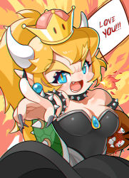 Rule 34 | 1girl, bare shoulders, black dress, black nails, blonde hair, blood, blue eyes, blush, blush stickers, bowsette, breasts, breath weapon, breathing fire, brooch, carrying, chibi, chromatic aberration, dress, earrings, english text, fang, fiery background, fingernails, fire, foreshortening, goomba, hair between eyes, happymaoo, highres, horns, jewelry, long hair, looking at viewer, mario (series), medium breasts, nail polish, new super mario bros. u deluxe, nintendo, nose blush, nosebleed, open mouth, orange pupils, pointing, pointy ears, ponytail, rolling eyes, sharp fingernails, shiny clothes, shouting, sidelocks, slit pupils, solo, spiked shell, strapless, strapless dress, super crown, tail, thick eyebrows, waist cape