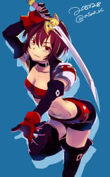 Rule 34 | 1girl, ass, bandeau, bare shoulders, belt, black thighhighs, blue background, boots, breasts, choker, cleavage, midriff, navel, purple hair, red eyes, rutee katrea, short hair, short shorts, shorts, sword, tales of (series), tales of destiny, thigh boots, thighhighs, weapon