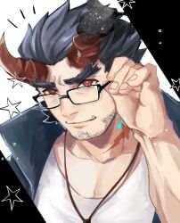 Rule 34 | 1boy, adjusting eyewear, bad id, bad twitter id, bara, blue hair, bright pupils, broken horn, dark blue hair, demon boy, demon horns, facial hair, glasses, goatee stubble, hand up, happy aura, horns, male focus, muscular, muscular male, mutton chops, pectoral cleavage, pectorals, scar, short hair, smile, solo, star (symbol), stubble, takemaru (housamo), tass commuovere, thick eyebrows, tokyo houkago summoners, tusks