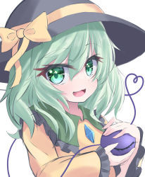 Rule 34 | 1girl, :d, black hat, bow, green eyes, green hair, hair between eyes, hat, hat bow, heart, heart of string, highres, holding, koishi day, komeiji koishi, long sleeves, looking at viewer, open mouth, s vileblood, simple background, smile, solo, third eye, touhou, upper body, white background, yellow bow