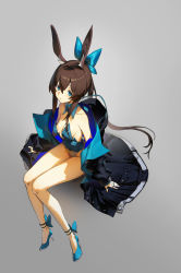 Rule 34 | 1girl, absurdres, alternate costume, amiya (arknights), animal ear fluff, animal ears, arknights, black jacket, blue bow, blue collar, blue eyes, blue footwear, blue leotard, bow, breasts, brown hair, collar, collarbone, detached collar, from above, grey background, hair between eyes, hair bow, high heels, highres, jacket, jewelry, leotard, long hair, looking at viewer, multiple rings, off shoulder, olys, open clothes, open jacket, oversized breast cup, ponytail, rabbit ears, ring, sidelocks, simple background, sitting, small breasts, solo