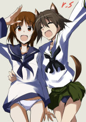 Rule 34 | 2girls, :d, animal ears, arm around waist, arm up, artist name, bad id, bad pixiv id, black neckerchief, blouse, blue neckerchief, blue sailor collar, brown eyes, brown hair, closed eyes, commentary, cosplay, costume switch, dog ears, dog tail, girls und panzer, green skirt, grey background, long sleeves, looking at viewer, miniskirt, miyafuji yoshika, multiple girls, neckerchief, nishizumi miho, no pants, ooarai school uniform, open mouth, panties, pleated skirt, sailor, sailor collar, salute, school uniform, serafuku, shino (ten-m), shirt, short hair, side-by-side, signature, simple background, skirt, smile, standing, strike witches, swimsuit, swimsuit under clothes, tail, underwear, white panties, white sailor collar, white shirt, world witches series