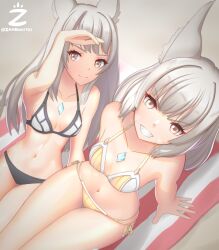 Rule 34 | 2girls, absurdres, animal ears, artist logo, artist name, beach, beach towel, bikini, blunt bangs, breasts, cat ears, chest jewel, core crystal (xenoblade), facial mark, from above, grey hair, highres, long hair, looking at viewer, mio (xenoblade), mother and daughter, multiple girls, nia (xenoblade), side-tie bikini bottom, sitting, small breasts, smile, swimsuit, teeth, thigh gap, towel, twitter username, xenoblade chronicles (series), xenoblade chronicles 2, xenoblade chronicles 3, yellow bikini, yellow eyes, zambonito
