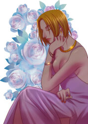 Rule 34 | 1girl, alternate costume, bare shoulders, blonde hair, bracelet, breasts, cleavage, closed eyes, dress, earrings, floral background, formal, gold necklace, hand on own face, history1357, hunter x hunter, jewelry, large breasts, medium breasts, nail polish, necklace, pakunoda, pink dress, profile, red nails, short hair, sitting, sleeveless, solo