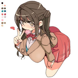 Rule 34 | 1girl, alternate breast size, blazer, blush, bow, bowtie, breasts, color guide, condom, condom in mouth, condom wrapper, cropped legs, earrings, from above, green eyes, half updo, hand on own thigh, idolmaster, idolmaster cinderella girls, jacket, jewelry, large breasts, leaning forward, long hair, long sleeves, miniskirt, mouth hold, nail polish, pink nails, plaid, plaid skirt, pleated skirt, red skirt, school uniform, shadow, shimamura uzuki, shirt, sidelocks, simple background, skirt, solo, sweatdrop, toriga naku, upturned eyes, v, vest, white background