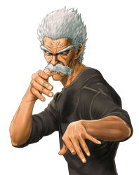 Rule 34 | 1boy, bang (one-punch man), black shirt, facial hair, grey eyes, highres, looking at viewer, male focus, manly, mustache, old, one-punch man, shirt, silver hair, simple background, sleeves rolled up, solo, stance, taka (takahirokun), upper body, white background