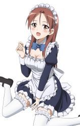 Rule 34 | 1girl, alternate costume, blue bow, blue bowtie, blush, bow, bowtie, breasts, cleavage, enmaided, eyebrows hidden by hair, frilled thighhighs, frills, highres, kanata mako, large breasts, long hair, looking at viewer, maid, maid headdress, minna-dietlinde wilcke, open mouth, red hair, simple background, sitting, smile, solo, strike witches, thighhighs, white background, white thighhighs, world witches series, yellow eyes