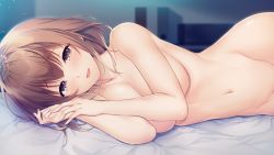 Rule 34 | 1girl, akizuki mikoto, ayase hazuki, bed, blush, breasts, brown eyes, brown hair, completely nude, embarrassed, eyebrows hidden by hair, facing viewer, female focus, game cg, hands up, highres, indoors, large breasts, legs, light blush, light smile, lying, medium hair, navel, nude, on bed, on side, open mouth, original, out-of-frame censoring, smile, solo, thighs, yubisaki connection