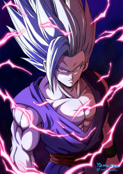 Rule 34 | 1boy, 2094banana, clenched hands, dark background, dougi, dragon ball, dragon ball super, dragon ball super super hero, electricity, gohan beast, highres, long hair, looking at viewer, male focus, muscular, muscular male, pants, purple pants, purple shirt, red eyes, red sash, sash, serious, shirt, solo, son gohan, spiked hair, white hair