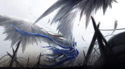 Rule 34 | 1girl, aa megami-sama, angel wings, belldandy, blonde hair, blurry, depth of field, epic, feathered wings, feathers, from behind, kzcjimmy, large wings, long hair, solo, stake, very long hair, wind, wind lift, wings, wire