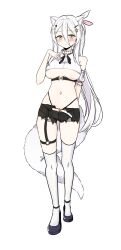 Rule 34 | 1girl, absurdres, animal ears, arm behind back, bare shoulders, belt, black footwear, black shorts, breasts, commission, crop top, detached sleeves, fox ears, fox girl, fox tail, frilled shirt, frilled sleeves, frills, full body, hair between eyes, hair ornament, hairclip, hand up, highleg, highres, junsuina fujunbutsu, large breasts, long hair, looking at viewer, micro shorts, midriff, navel, neck ribbon, no bra, original, panty straps, parted lips, ponytail, ribbon, second-party source, shirt, shoes, short sleeves, shorts, simple background, sleeveless, sleeveless shirt, solo, stomach, tail, thigh strap, thighhighs, thighs, torn clothes, torn shorts, underboob, very long hair, white background, white hair, white shirt, white thighhighs, yellow eyes