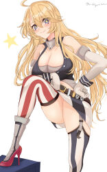 Rule 34 | 1girl, american flag legwear, asymmetrical legwear, blonde hair, blue eyes, breasts, chamumi (mochiumee), cleavage, fingerless gloves, foot up, front-tie top, garter straps, gloves, highres, iowa (kancolle), kantai collection, large breasts, looking at viewer, miniskirt, mismatched legwear, one-hour drawing challenge, simple background, skirt, smile, solo, star-shaped pupils, star (symbol), striped clothes, striped thighhighs, symbol-shaped pupils, thighhighs, vertical-striped clothes, vertical-striped thighhighs, white background
