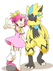Rule 34 | 1girl, 1other, blue eyes, blush, creatures (company), dress, game freak, gen 7 pokemon, holding hands, leg warmers, legendary pokemon, looking at another, margo (pokemon), mythical pokemon, nintendo, pink dress, pink eyes, pink hair, pokemon, pokemon (anime), pokemon the movie: the power of us, ribbon, smile, ss1313, white leg warmers, yellow ribbon, zeraora