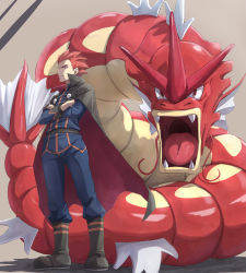 Rule 34 | 1boy, alternate color, belt, boots, cape, closed mouth, commentary request, creatures (company), crossed arms, frown, game freak, gen 1 pokemon, gyarados, highres, itsudzumi, jacket, lance (pokemon), long sleeves, male focus, nintendo, pants, pokemon, pokemon hgss, red hair, shiny pokemon, short hair, spiked hair, standing