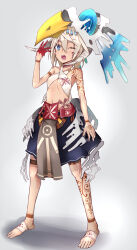 Rule 34 | 1girl, animal skull, bare shoulders, bird skull, blonde hair, blood, blood on hands, blue eyes, character request, clothing request, commentary request, feet, gradient background, grey background, hasumushi, highres, leg belt, leg tattoo, leglet, loincloth, medium hair, midriff, navel, one eye closed, open mouth, original, petite, shadow, shoulder tattoo, skirt, tattoo, toenails, toes, tribal, yawning