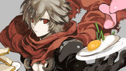 Rule 34 | 1boy, absurdres, armor, assassin cross (ragnarok online), black gloves, black shirt, bread, closed mouth, commentary request, egg (food), food, fried egg, gloves, grey hair, hair between eyes, highres, holding, holding plate, jakushou archer, looking at viewer, male focus, meat, open clothes, open shirt, pauldrons, plate, ragnarok online, red eyes, red scarf, scarf, shirt, short hair, shoulder armor, shy (ragnarok online), solo, torn clothes, torn scarf, upper body