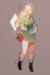 Rule 34 | 1girl, ball, blonde hair, blue gemstone, blush, boots, bow, bowtie, brown background, brown footwear, bud, closed eyes, closed mouth, collar, collared dress, commentary, crescent moon, daisy, diamond (gemstone), diamond (shape), dress, english commentary, flower, flower request, frilled sleeves, frills, full body, gem, green dress, hair flower, hair ornament, halo, holding, holding ball, hoshi-pan, leaf, long hair, making-of available, moon, original, pink flower, puffy short sleeves, puffy sleeves, red bow, red bowtie, rose, short dress, short sleeves, smile, socks, sprout, star (symbol), white collar, white flower, white socks