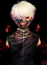 Rule 34 | 10s, 1boy, amputee, artist name, bad id, bad pixiv id, double amputee, fish, hair over one eye, kaneki ken, male focus, mask, red eyes, short hair, simple background, solo, sukja, teeth, tokyo ghoul, white hair