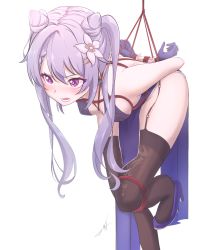 Rule 34 | 1girl, bdsm, black thighhighs, blush, bondage, bound, breasts, china dress, chinese clothes, chinese text, cone hair bun, dress, feint721, garter straps, genshin impact, hair bun, highres, keqing (genshin impact), medium breasts, open mouth, pelvic curtain, purple eyes, purple hair, restrained, rope, simple background, solo, thighhighs, twintails, white background