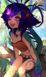 Rule 34 | 1girl, ;d, bare arms, bare legs, bare shoulders, breasts, bug, butterfly, butterfly on head, colored skin, commentary, day, english commentary, flower, green skin, hair flower, hair ornament, highres, in tree, insect, jewelry, league of legends, lizard tail, monster girl, multicolored skin, nature, necklace, neeko (league of legends), one eye closed, open mouth, orange eyes, outdoors, pelvic curtain, purple skin, sitting, sitting in tree, slit pupils, small breasts, smile, solo, swept bangs, tail, teeth, tree, upper teeth only, yoako