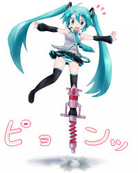Rule 34 | 1girl, aqua hair, bad id, bad pixiv id, bouncing, detached sleeves, green eyes, hatsune miku, headset, kamen rider, kamen rider fourze (series), long hair, necktie, open mouth, orebelt, outstretched arms, panties, pantyshot, pogo stick, simple background, skirt, solo, spread arms, striped clothes, striped panties, thighhighs, twintails, underwear, upskirt, very long hair, vocaloid, white background