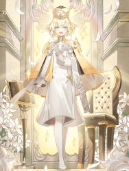 Rule 34 | 1boy, androgynous, angel, blonde hair, blush, dress, flower, food fantasy, hair between eyes, highres, lily (flower), looking at viewer, male focus, official art, pale skin, puff (food fantasy), second-party source, solo, thighhighs, trap, white thighhighs, yellow eyes